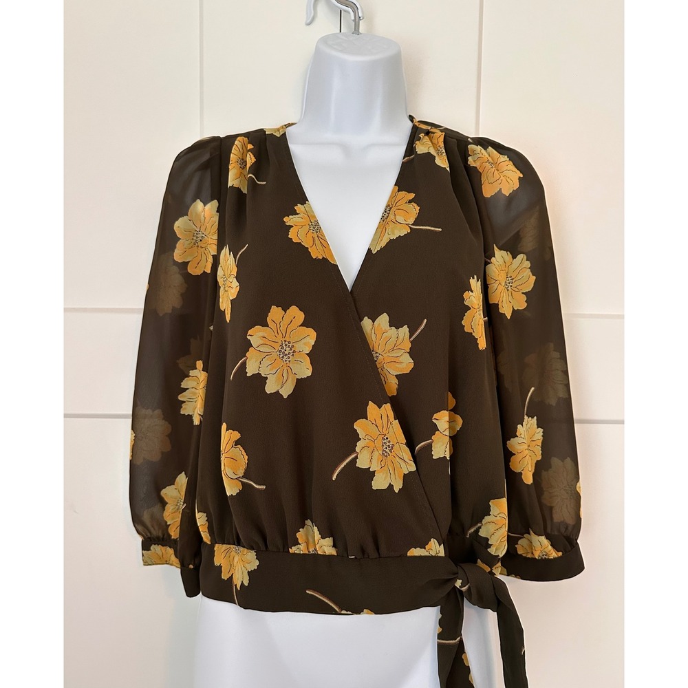 Madewell Floral Wrap Blouse Olive Green Yellow V-Neck Side Tie Top XS